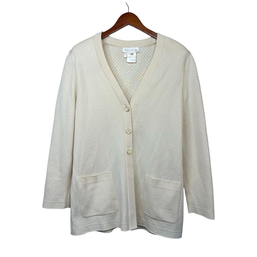 Vintage ESCADA Margaretha Ley Wool Blend Ivory Pockets Buttons Cardigan Size L